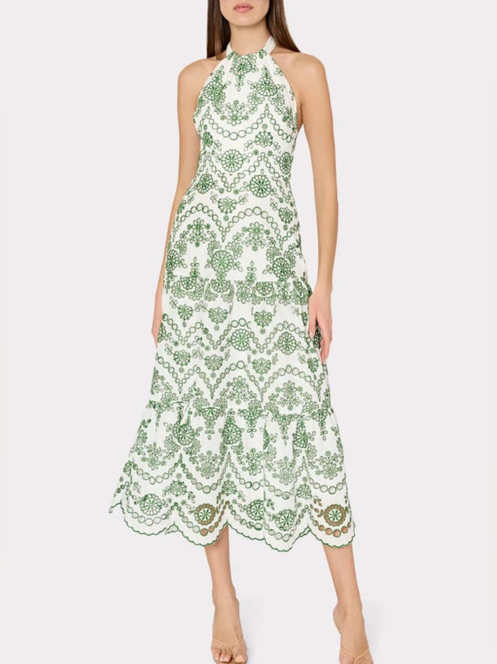 Hayden Scallop Eyelet Dress in White/Green
